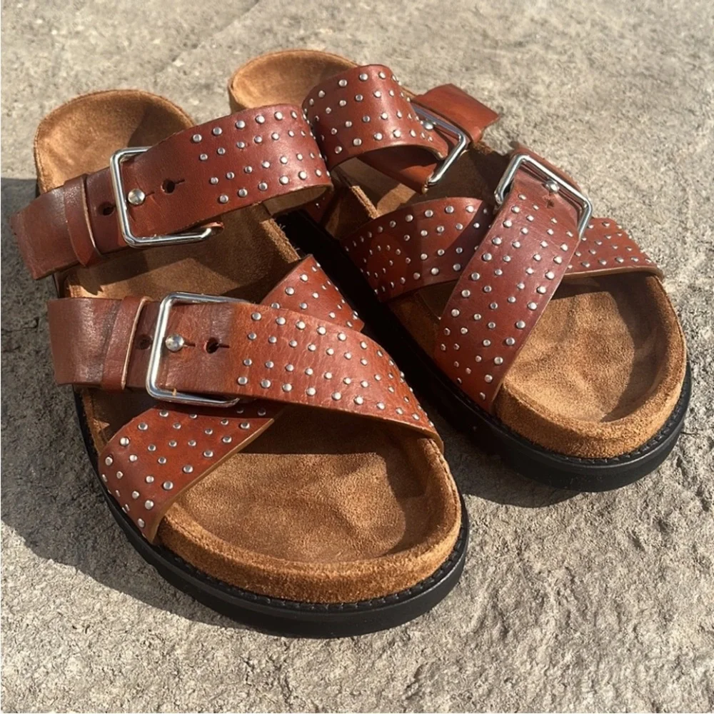 All Saints Tan Leather Studded Sandals - Picture 3 of 6